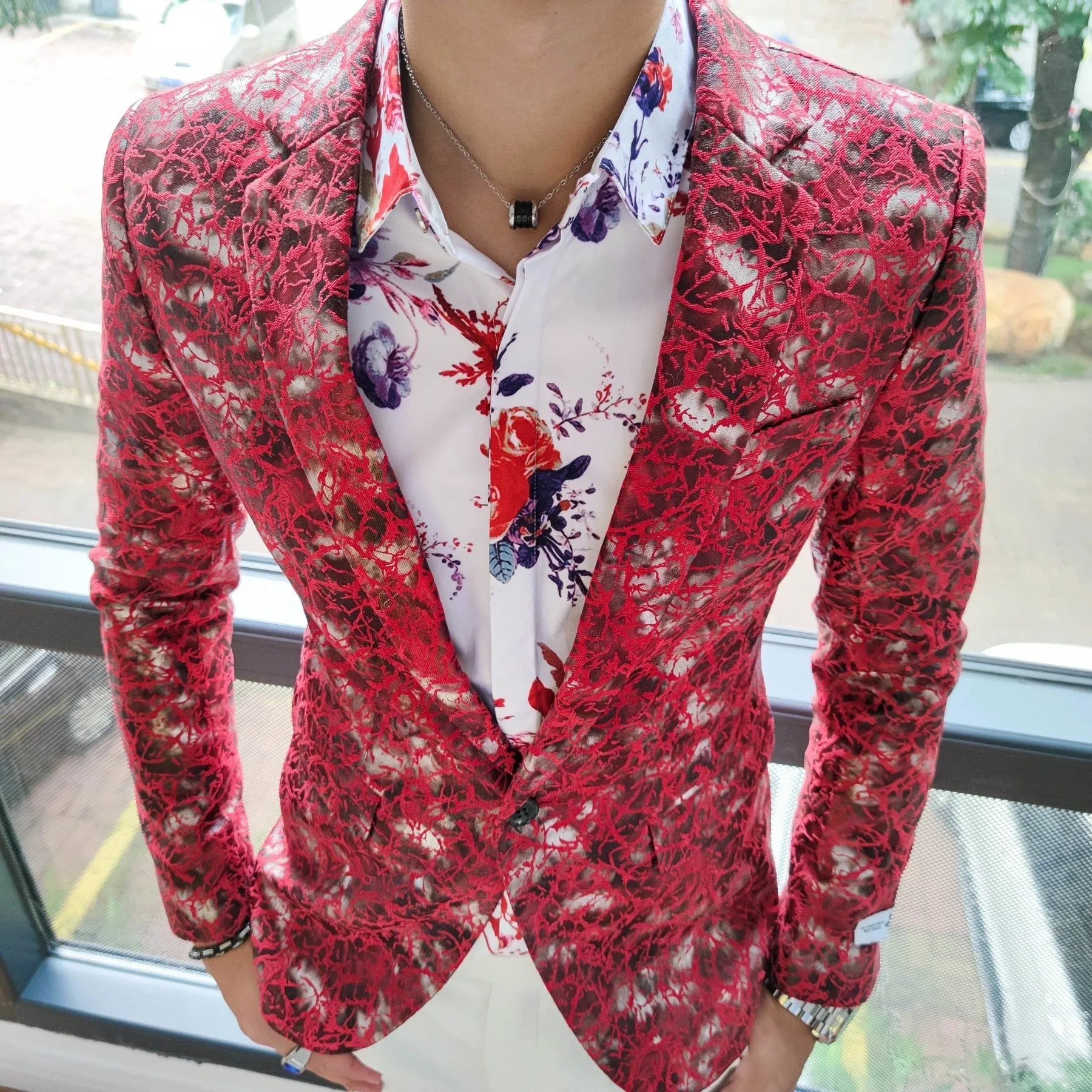 Men's Polyester Red Printing Slim Fit Night Club Formal Streetwear Blazer