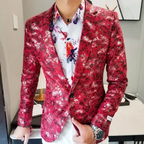 Men's Polyester Red Printing Slim Fit Night Club Formal Streetwear Blazer