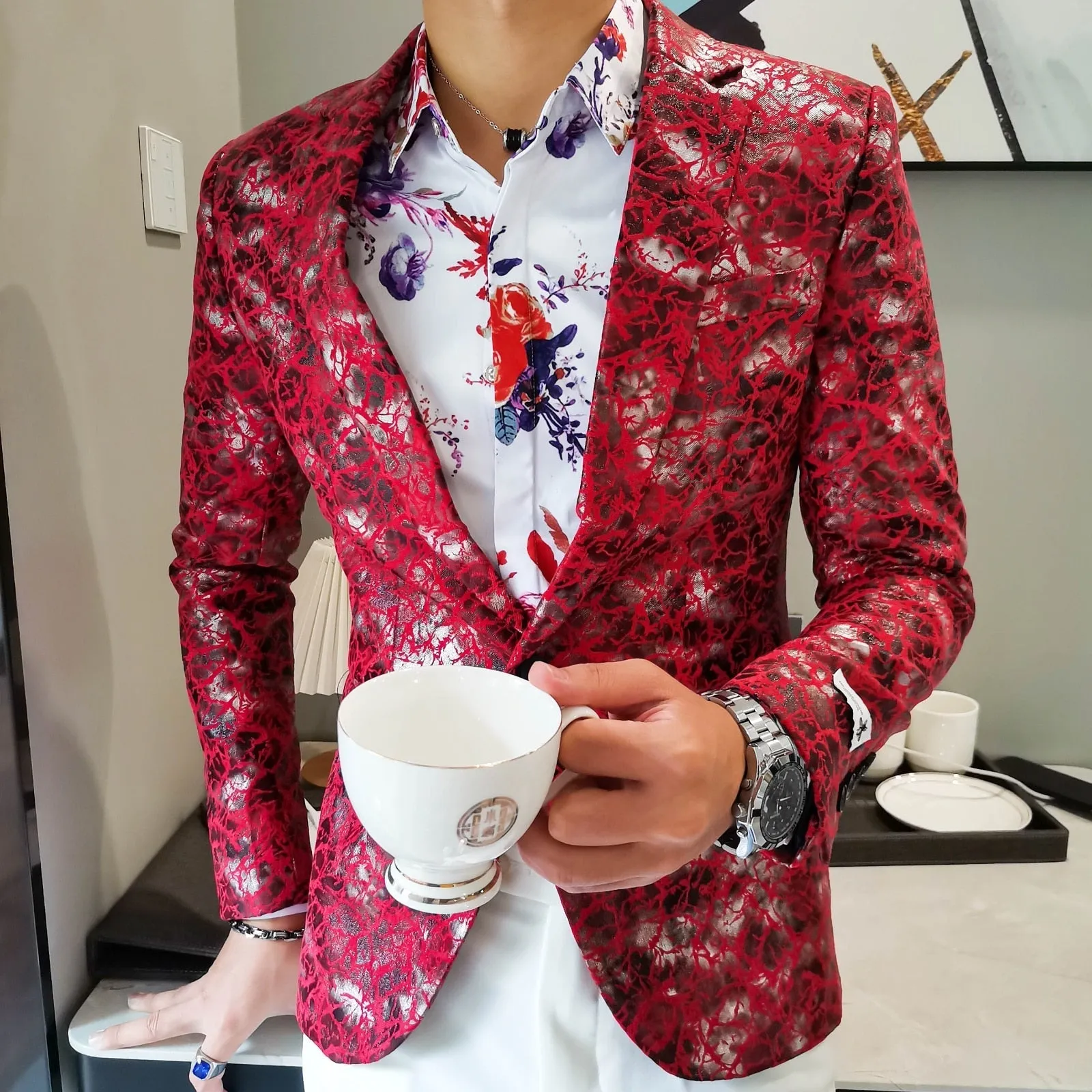 Men's Polyester Red Printing Slim Fit Night Club Formal Streetwear Blazer