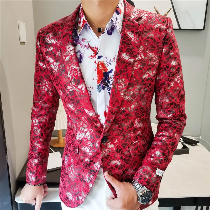 Men's Polyester Red Printing Slim Fit Night Club Formal Streetwear Blazer