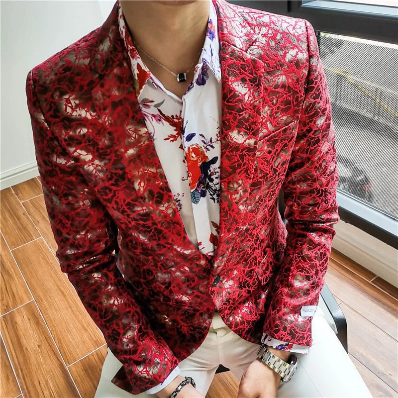 Men's Polyester Red Printing Slim Fit Night Club Formal Streetwear Blazer