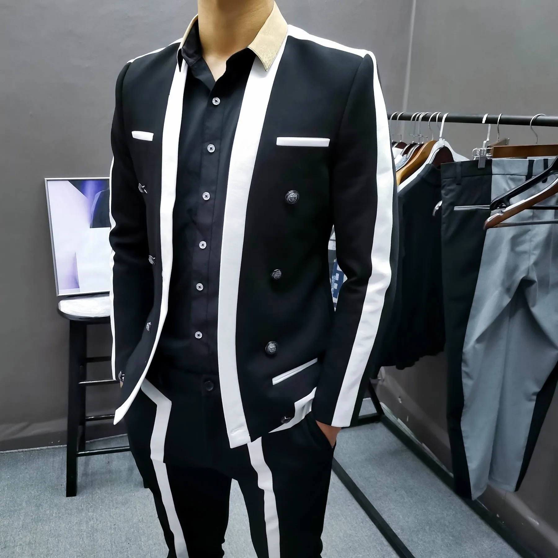 Men's Spring Polyester Contrast Striped Pattern Slim Fit Two Piece Suit