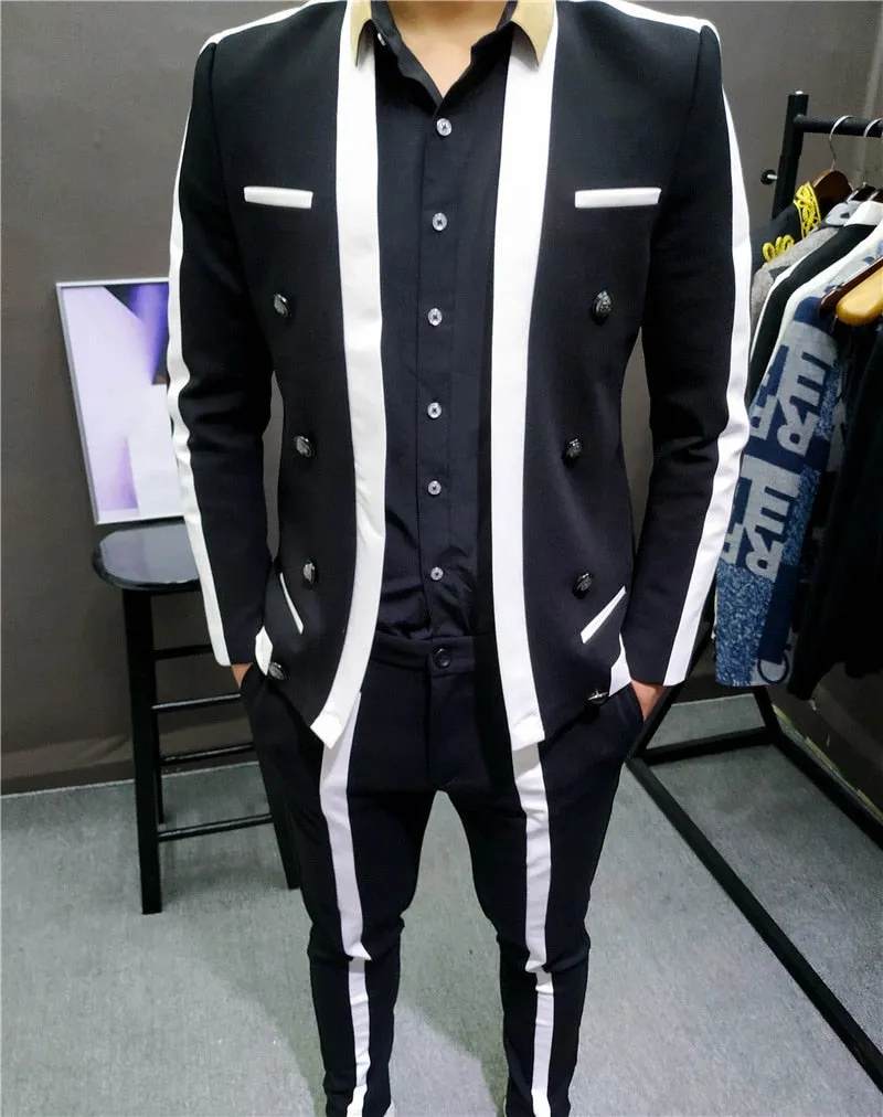 Men's Spring Polyester Contrast Striped Pattern Slim Fit Two Piece Suit