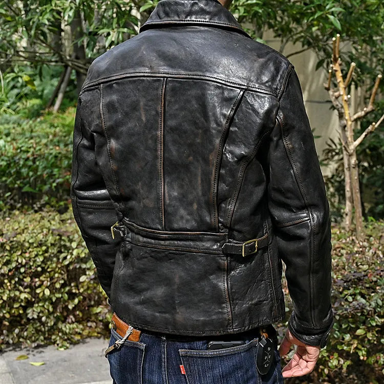 Men's Vintage Turn-down Collar Horseskin Leather Streetwear Jacket