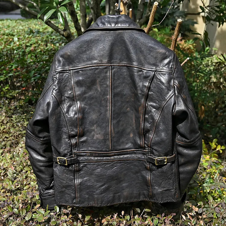 Men's Vintage Turn-down Collar Horseskin Leather Streetwear Jacket