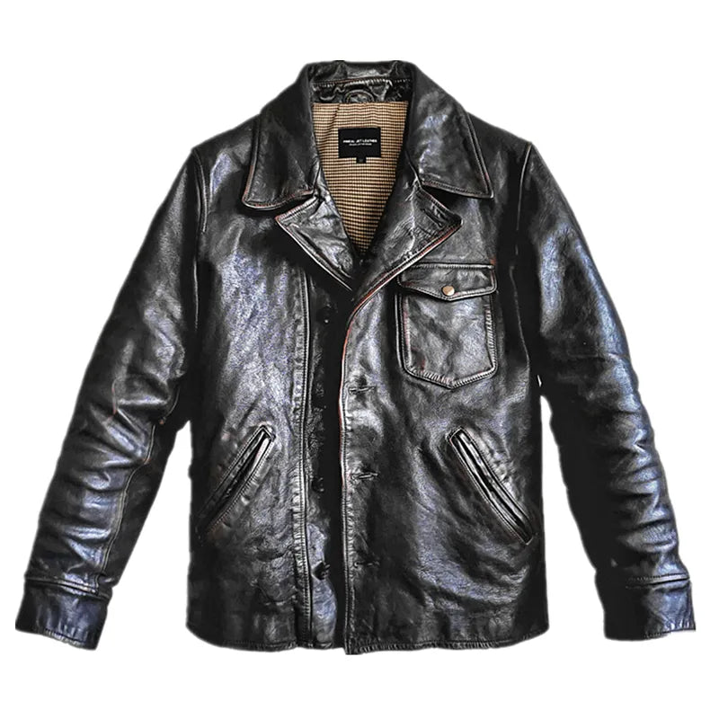 Men's Vintage Turn-down Collar Horseskin Leather Streetwear Jacket