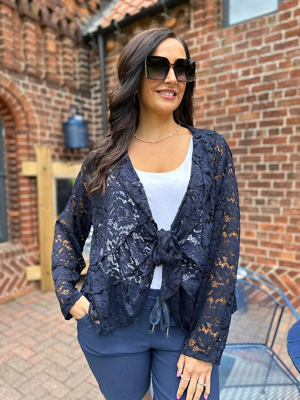 Navy Waterfall Tie Front Lace Jacket