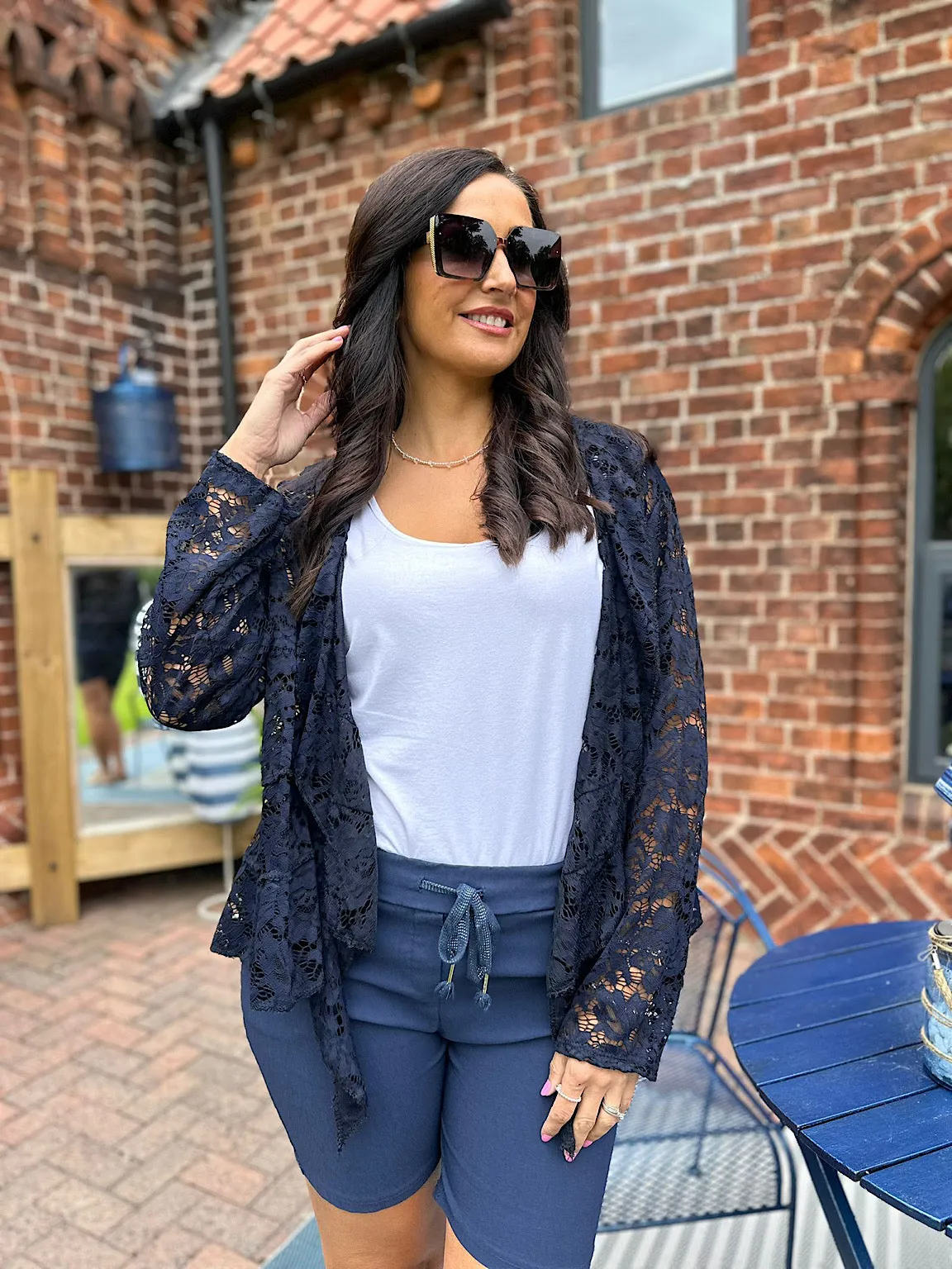 Navy Waterfall Tie Front Lace Jacket