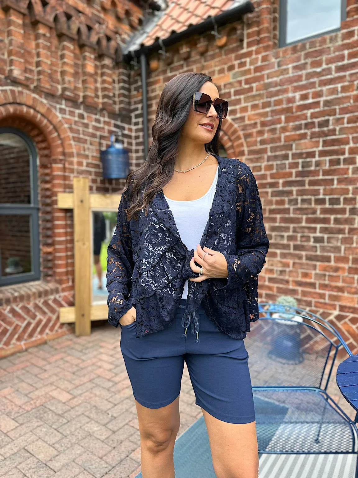 Navy Waterfall Tie Front Lace Jacket