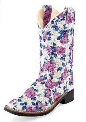 Old West Kid's White and Lilac Floral Square Toe Boots