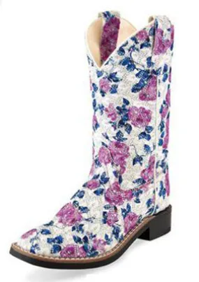 Old West Kid's White and Lilac Floral Square Toe Boots