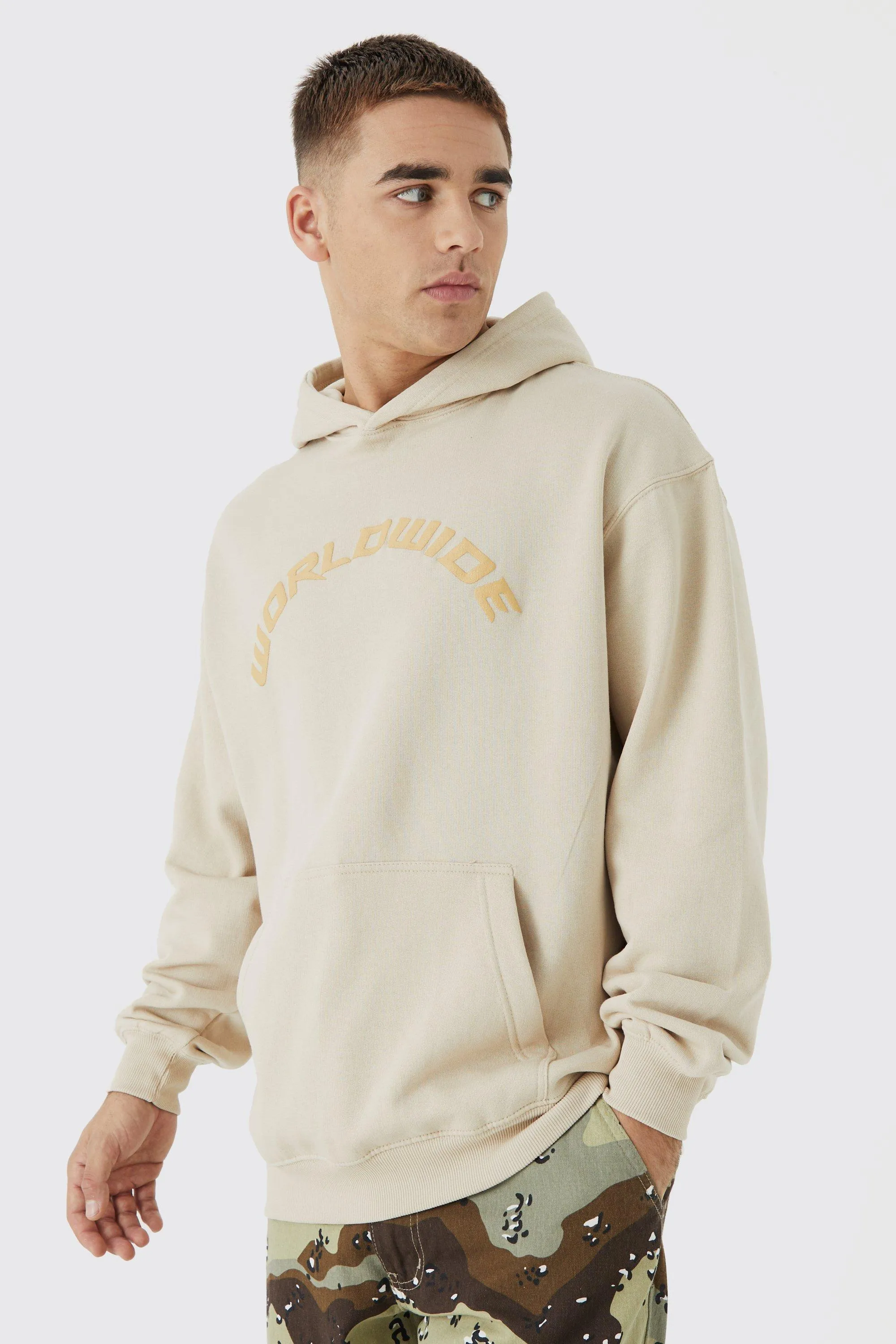 Oversized Puff Print Worldwide Hoodie | boohooMAN UK