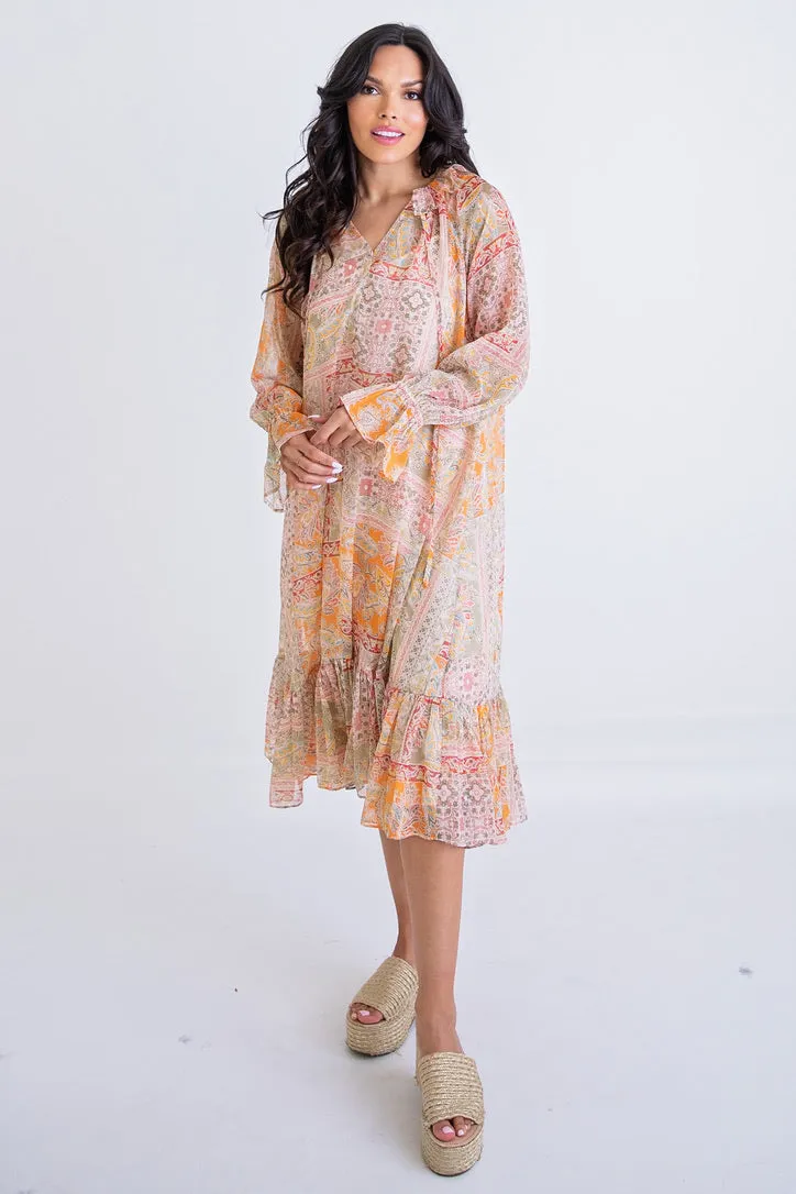 Paisley Chiffon Ruffle Midi Dress