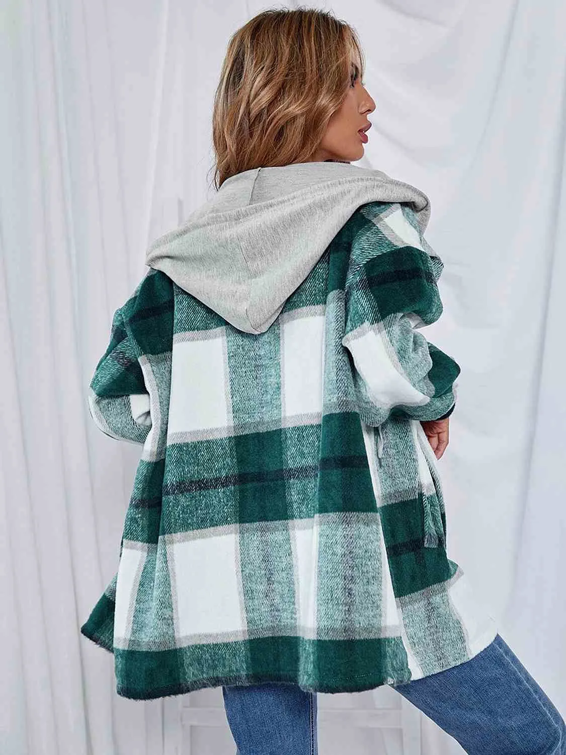 Plaid Hooded Jacket with Pockets