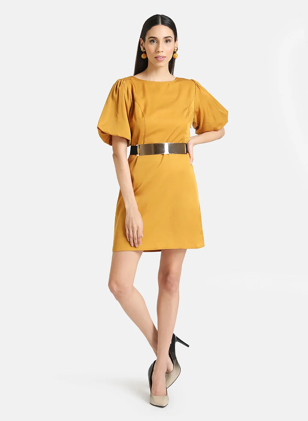 Puff Sleeves Mini Dress With Belt Detail