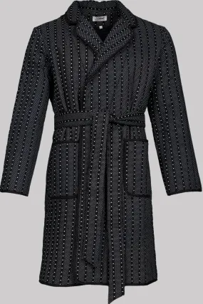 ROUND-LAPEL-ROBE BLACK-Offwhite-black with black piping 100% COTTON Herringbone-light, Padded Dot-Stripes discharge-print