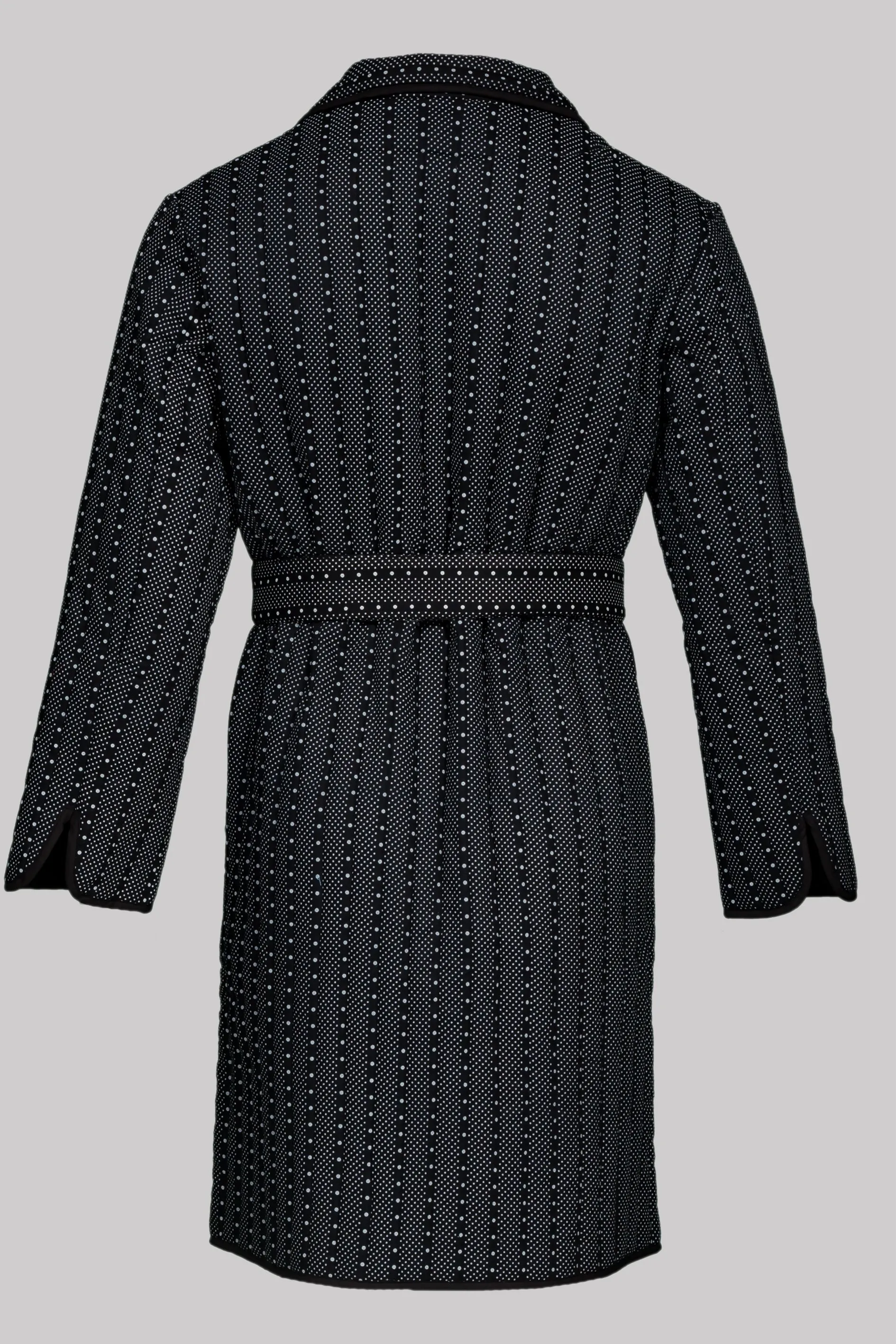 ROUND-LAPEL-ROBE BLACK-Offwhite-black with black piping 100% COTTON Herringbone-light, Padded Dot-Stripes discharge-print