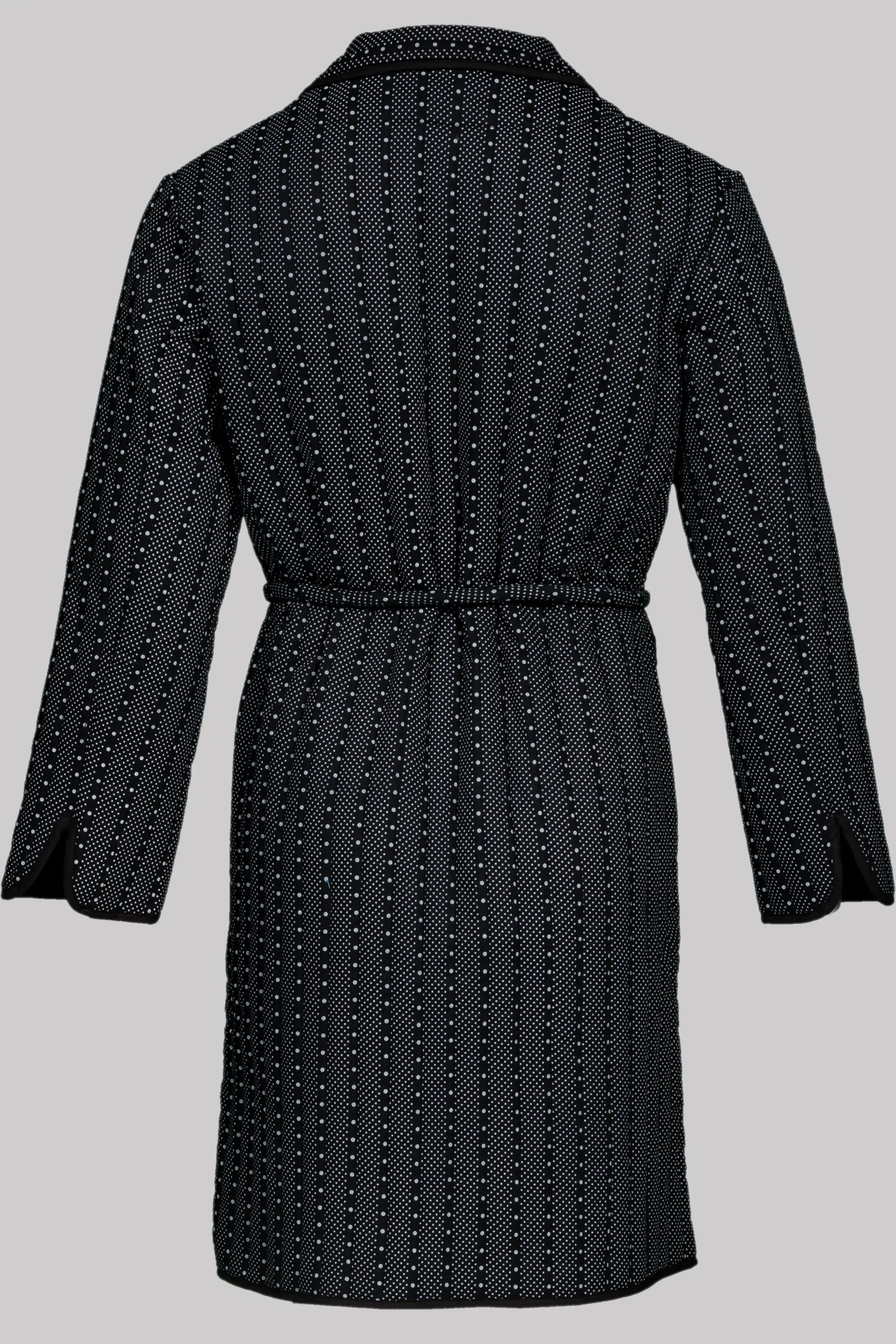 ROUND-LAPEL-ROBE BLACK-Offwhite-black with black piping 100% COTTON Herringbone-light, Padded Dot-Stripes discharge-print