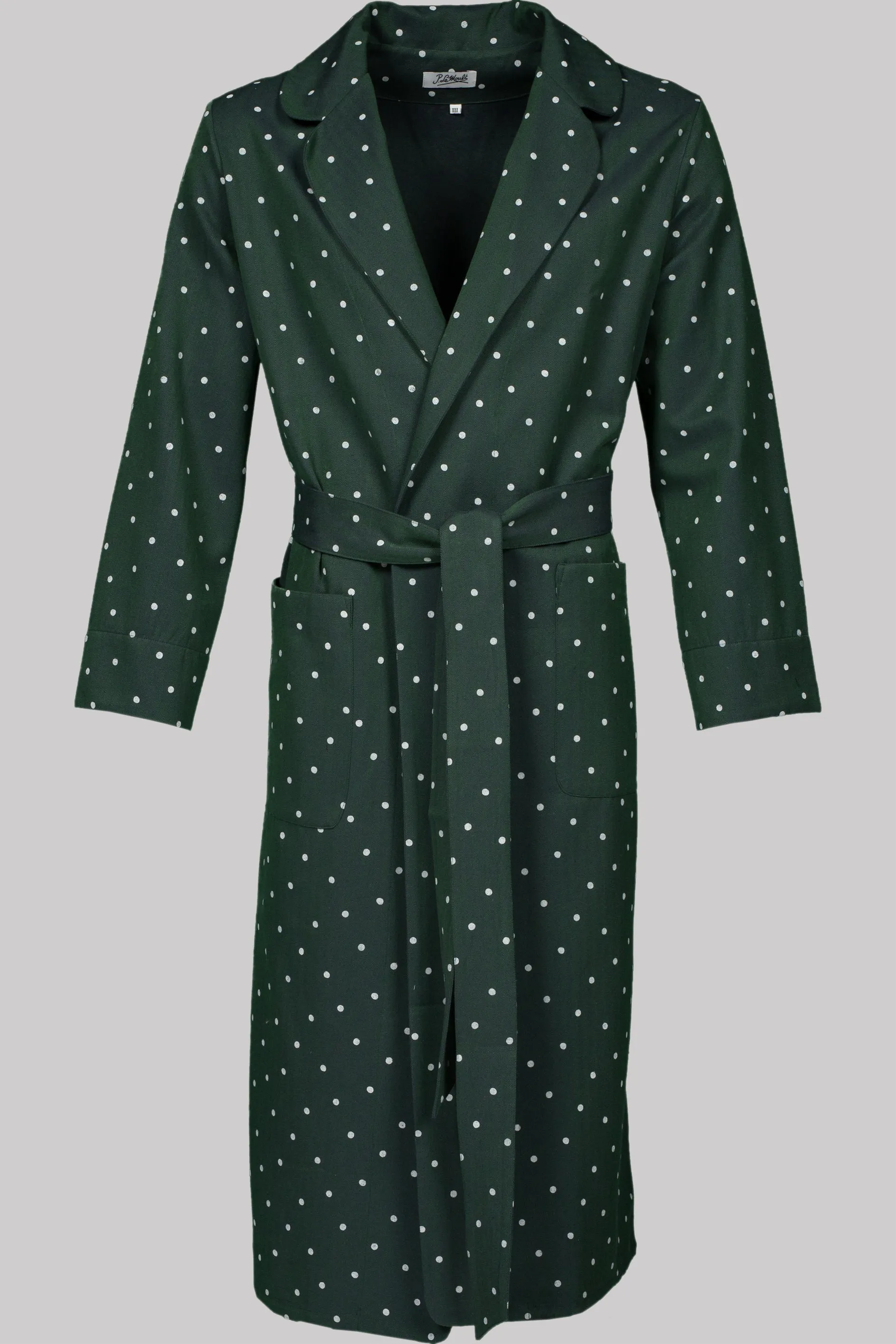 ROUND-LAPEL-ROBE PEACOCKGREEN-White 100% COTTON Herringbone-Thick, brushed-inside Dots discharge-print