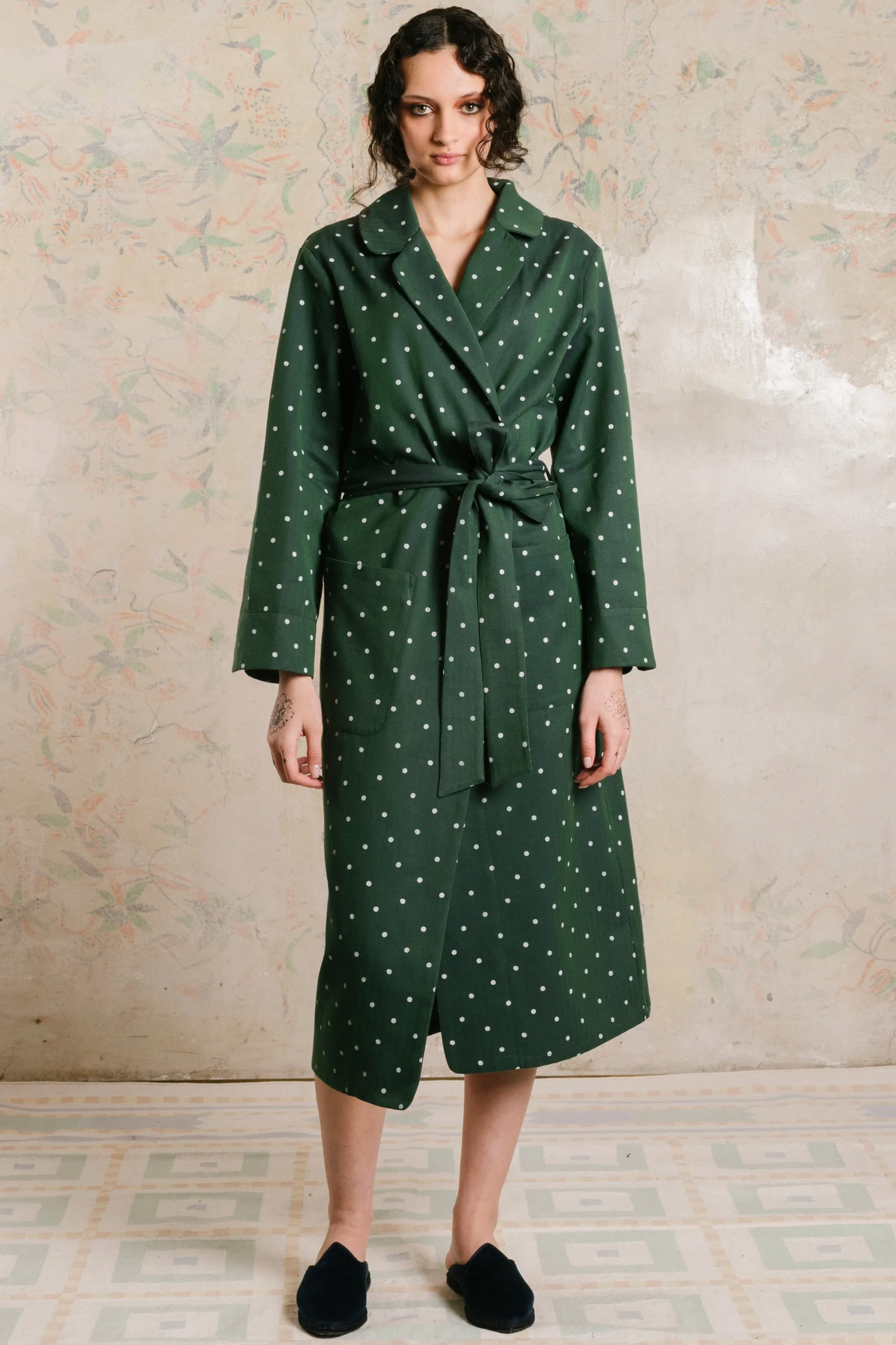 ROUND-LAPEL-ROBE PEACOCKGREEN-White 100% COTTON Herringbone-Thick, brushed-inside Dots discharge-print