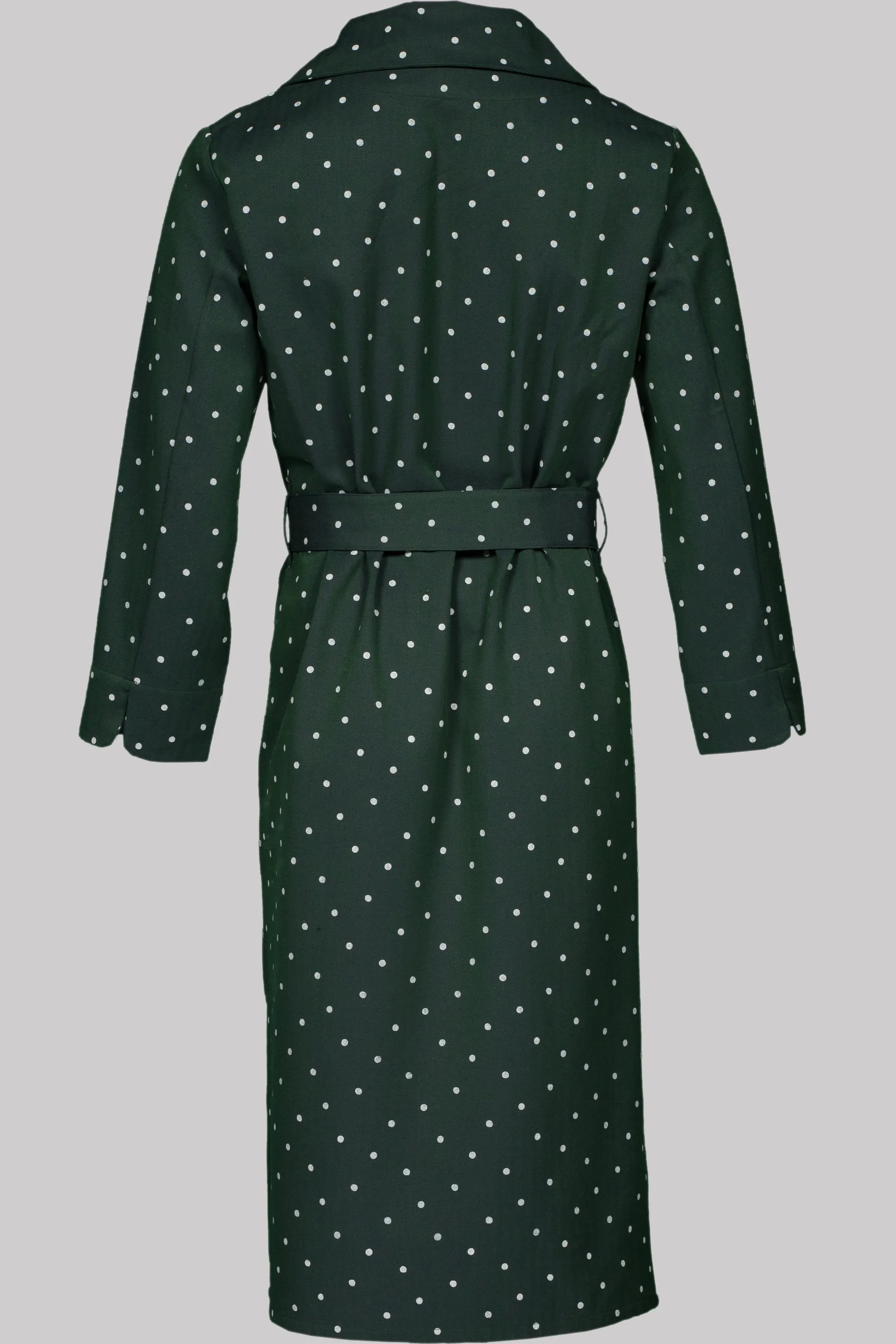 ROUND-LAPEL-ROBE PEACOCKGREEN-White 100% COTTON Herringbone-Thick, brushed-inside Dots discharge-print