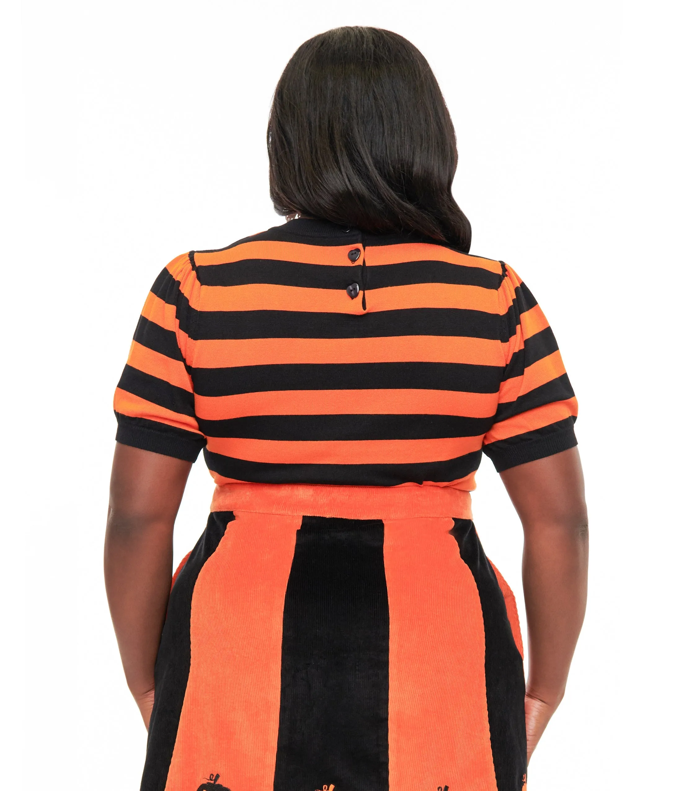 Smak Parlour Plus Size 1950s Black & Orange Stripe Heart Sweater