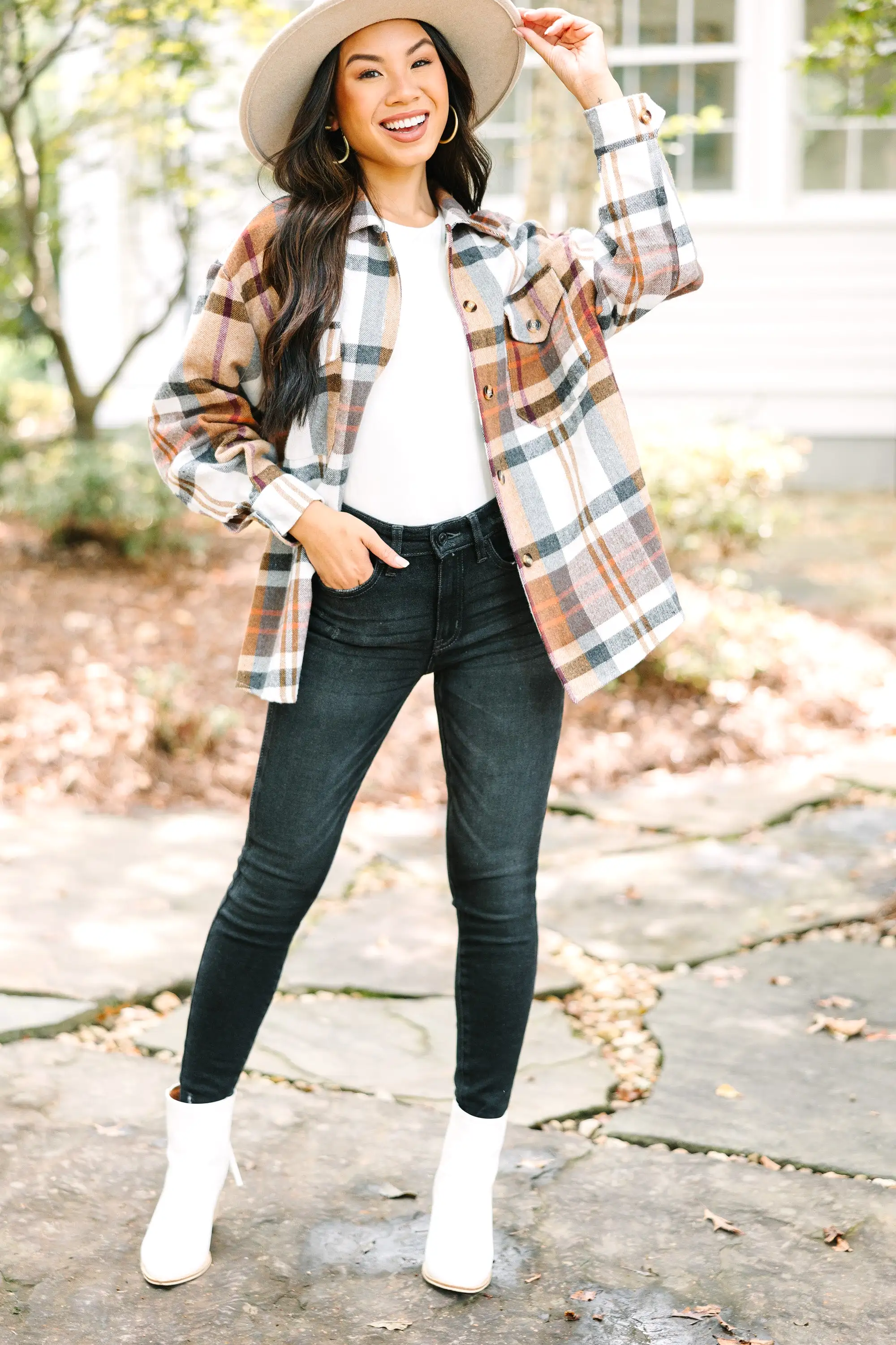 Stay In The Lead Taupe Brown Plaid Shacket