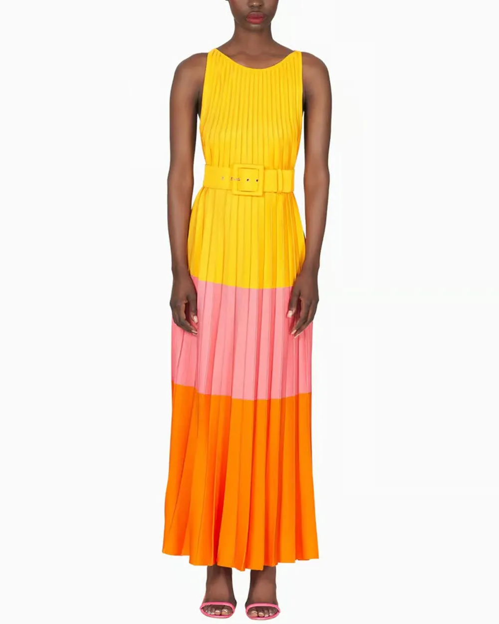 Taxi Cab Colorblock Pleated Knit Maxi Dress