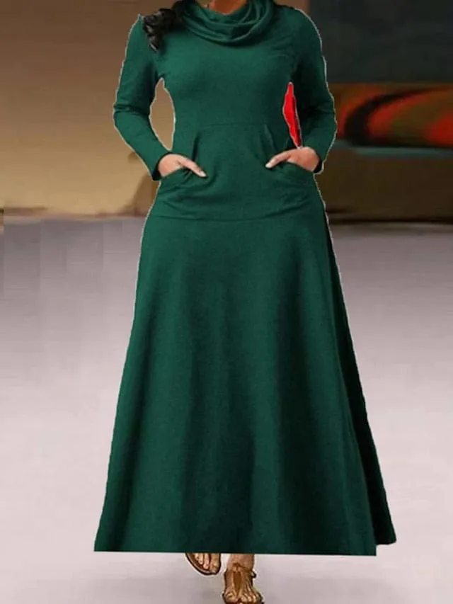 Women's Elegant High Neck Emerald Green Maxi Dress with Pocket