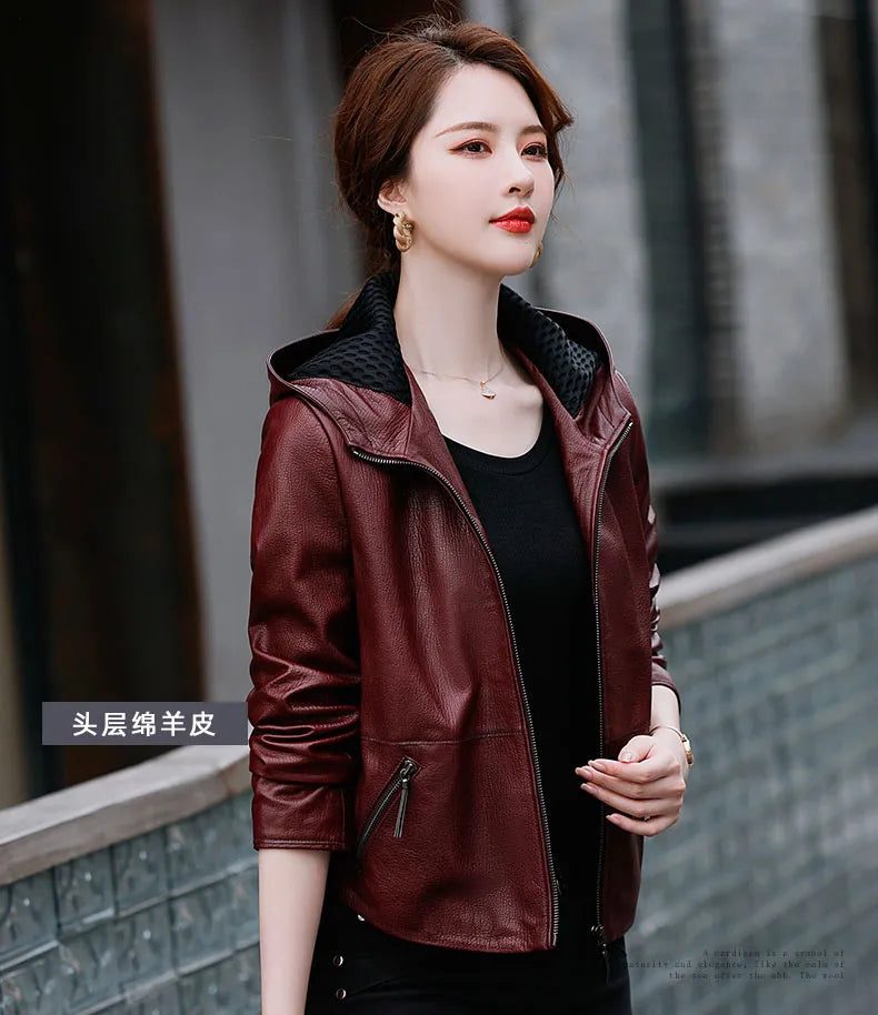 Women's Korean Style Hooded Genuine Leather Biker Short Jacket