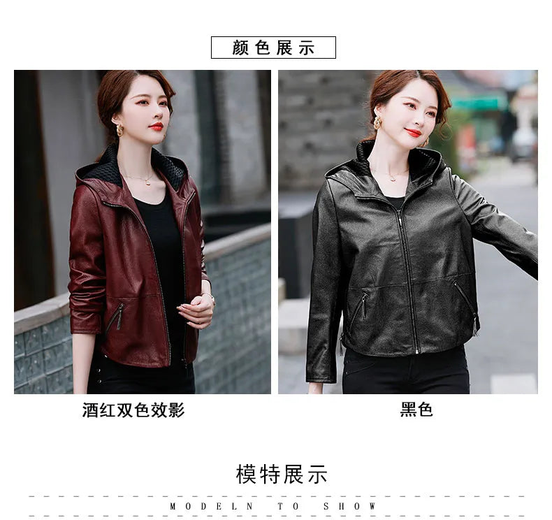 Women's Korean Style Hooded Genuine Leather Biker Short Jacket