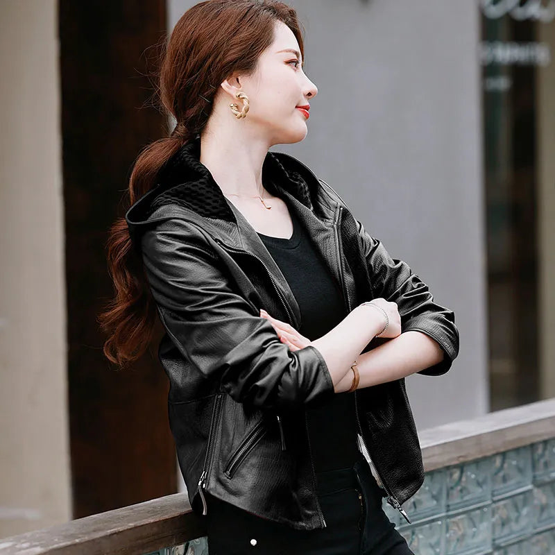 Women's Korean Style Hooded Genuine Leather Biker Short Jacket