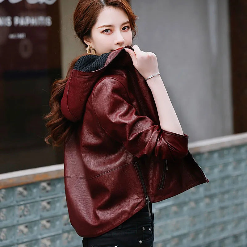 Women's Korean Style Hooded Genuine Leather Biker Short Jacket