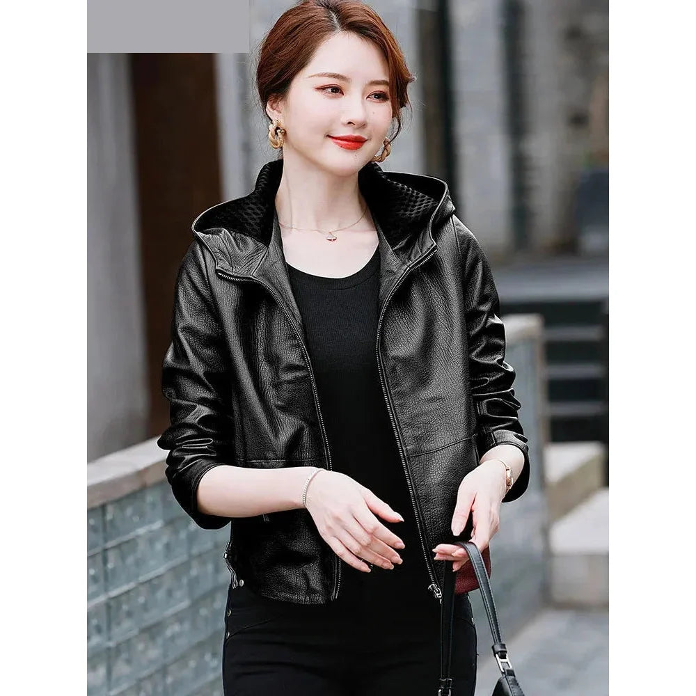 Women's Korean Style Hooded Genuine Leather Biker Short Jacket