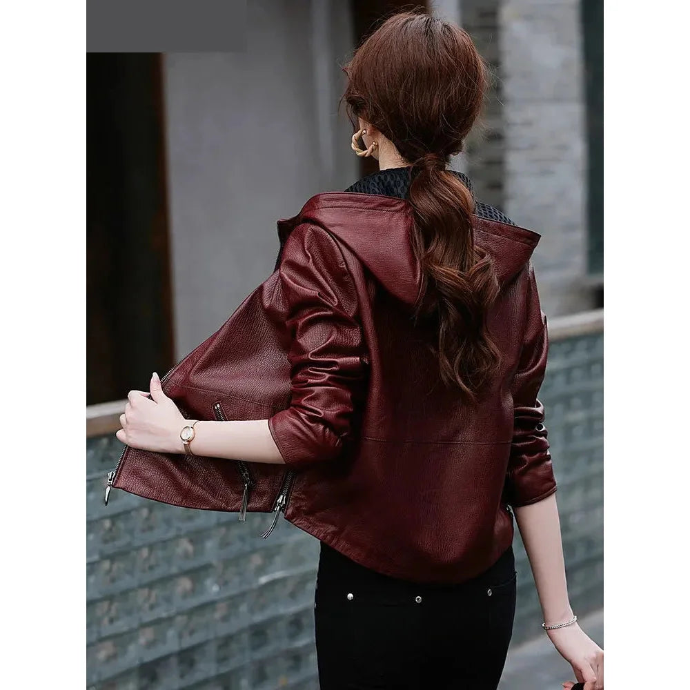 Women's Korean Style Hooded Genuine Leather Biker Short Jacket