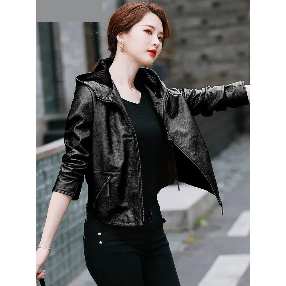 Women's Korean Style Hooded Genuine Leather Biker Short Jacket