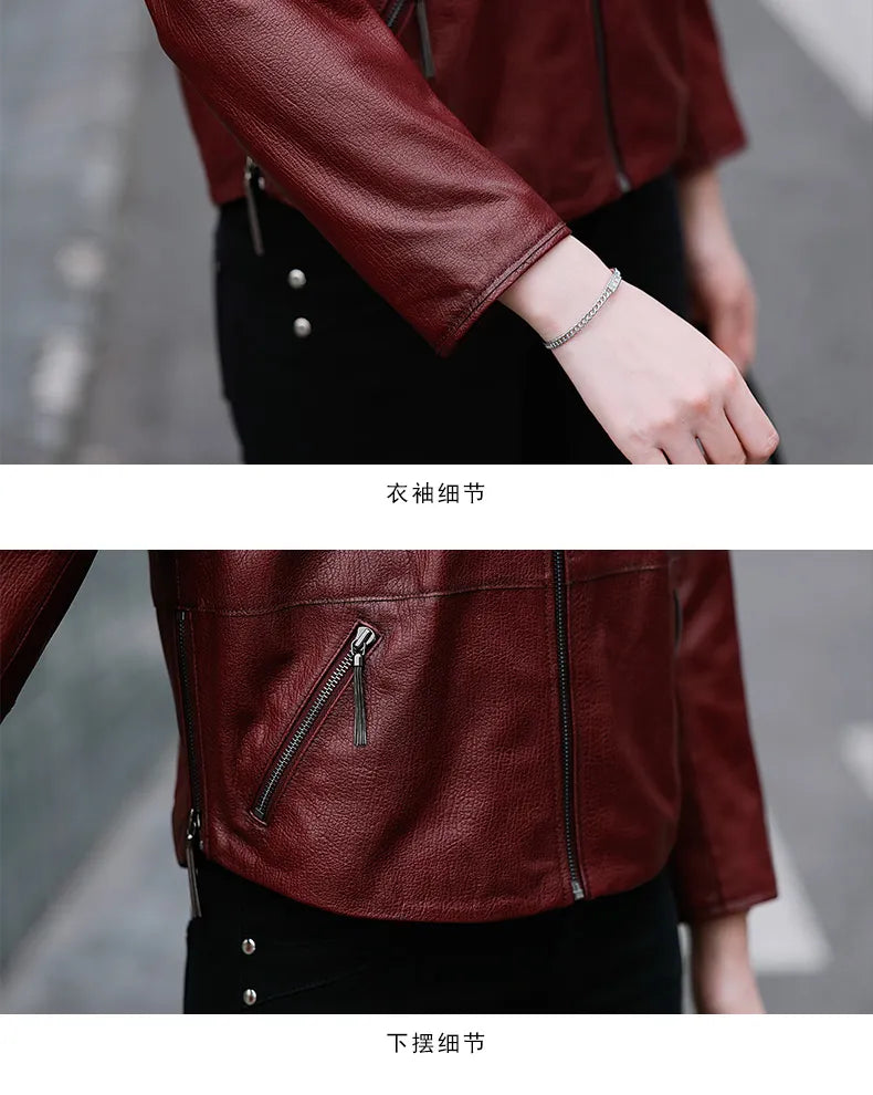 Women's Korean Style Hooded Genuine Leather Biker Short Jacket