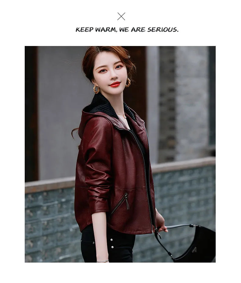 Women's Korean Style Hooded Genuine Leather Biker Short Jacket