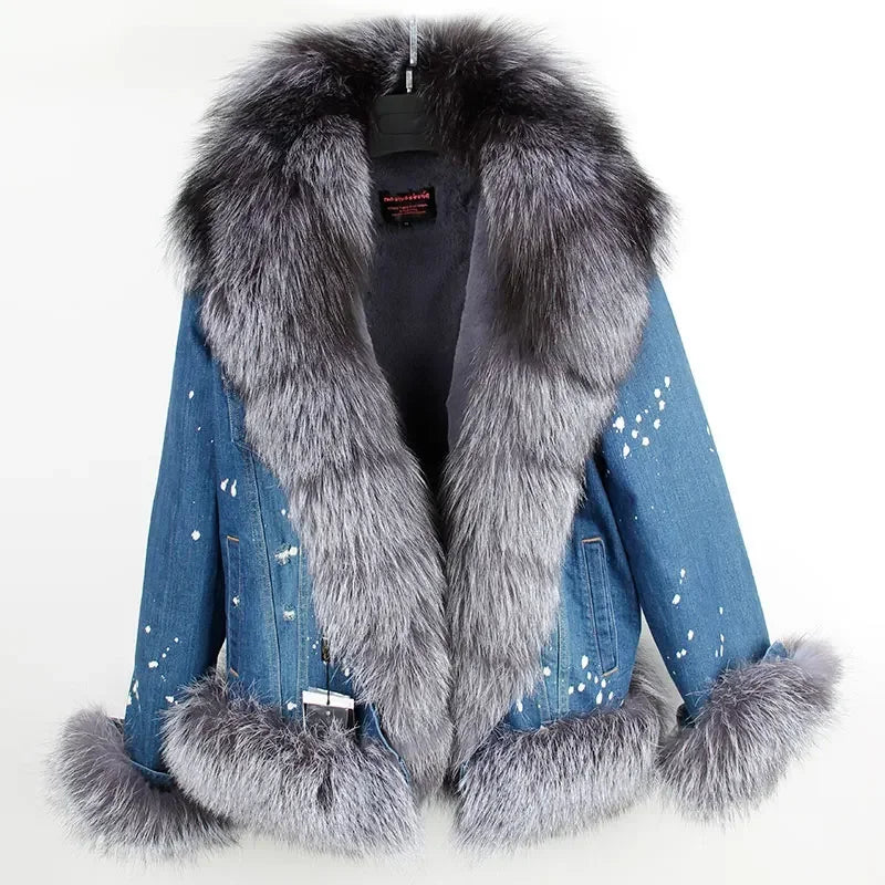 Women's Real Raccoon Dog Fur Collar Single Breasted Winter Denim Jacket