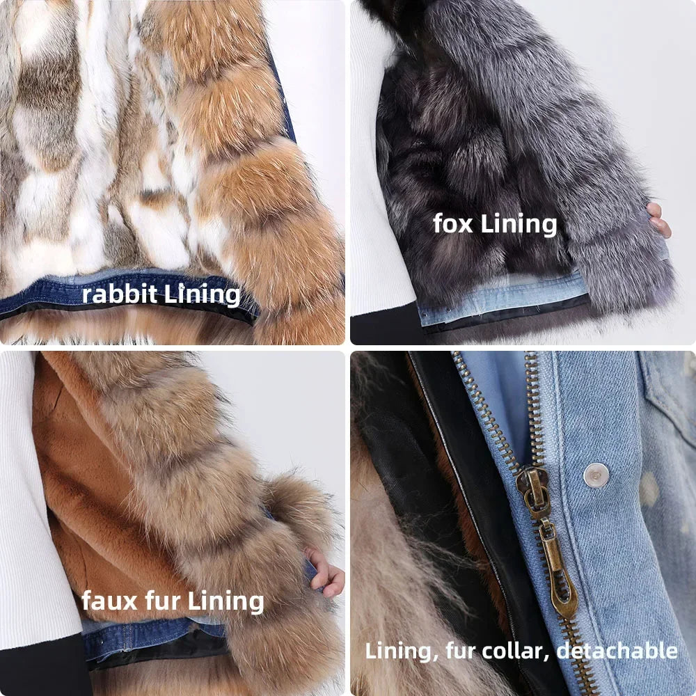 Women's Real Raccoon Dog Fur Collar Single Breasted Winter Denim Jacket