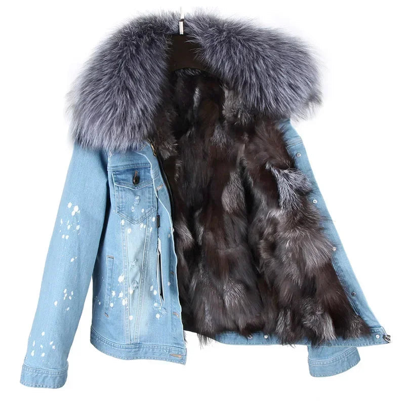 Women's Real Raccoon Dog Fur Collar Single Breasted Winter Denim Jacket