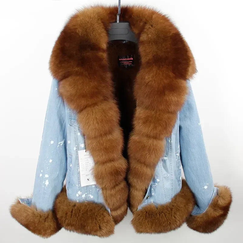 Women's Real Raccoon Dog Fur Collar Single Breasted Winter Denim Jacket