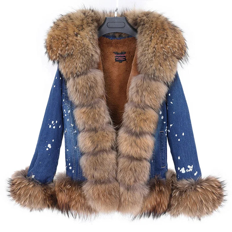 Women's Real Raccoon Dog Fur Collar Single Breasted Winter Denim Jacket