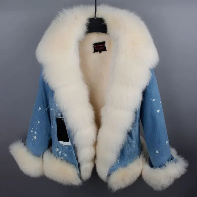 Women's Real Raccoon Dog Fur Collar Single Breasted Winter Denim Jacket