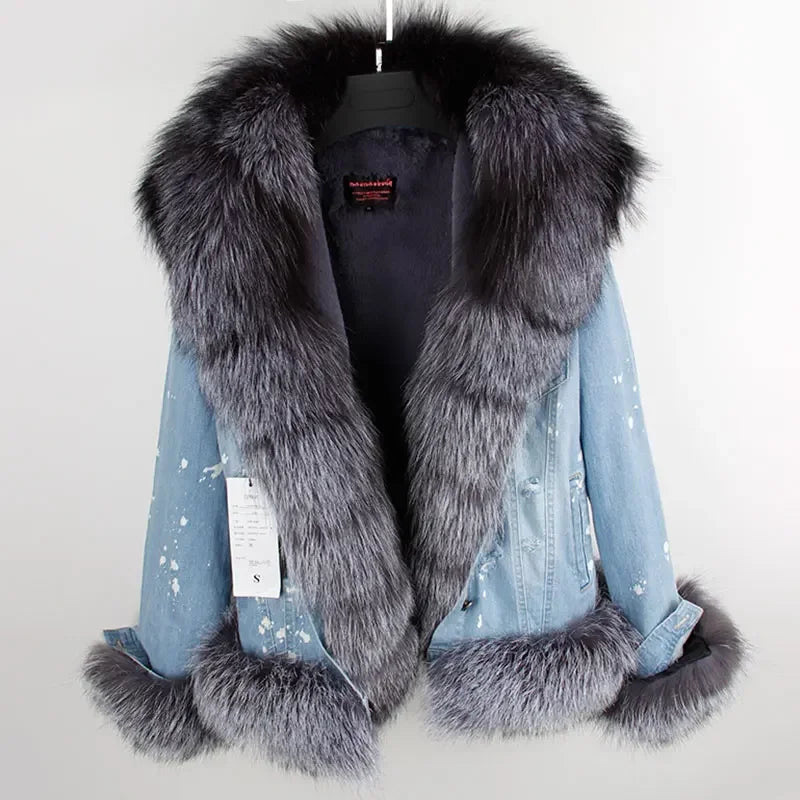 Women's Real Raccoon Dog Fur Collar Single Breasted Winter Denim Jacket