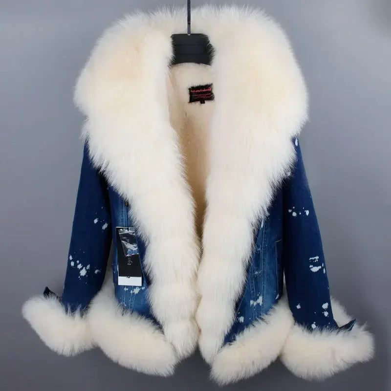 Women's Real Raccoon Dog Fur Collar Single Breasted Winter Denim Jacket