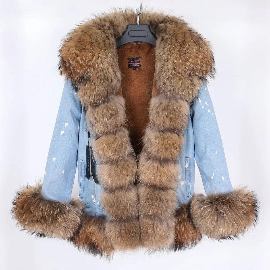 Women's Real Raccoon Dog Fur Collar Single Breasted Winter Denim Jacket