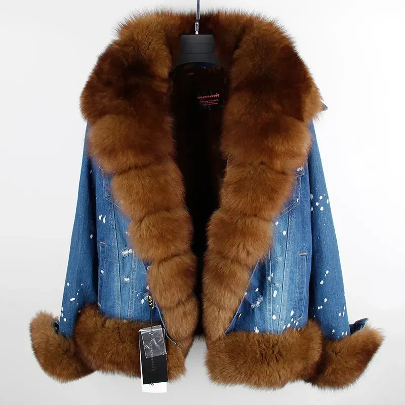 Women's Real Raccoon Dog Fur Collar Single Breasted Winter Denim Jacket