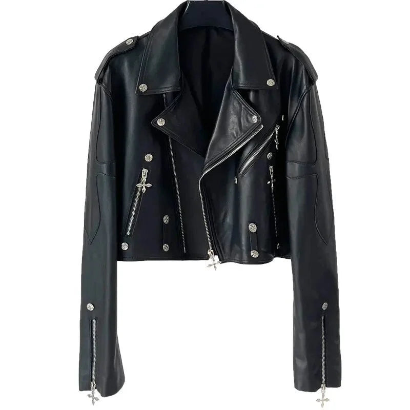 Women's Sheepskin Leather Cross Slim Rivet Motorcycle Zipper Street Jacket