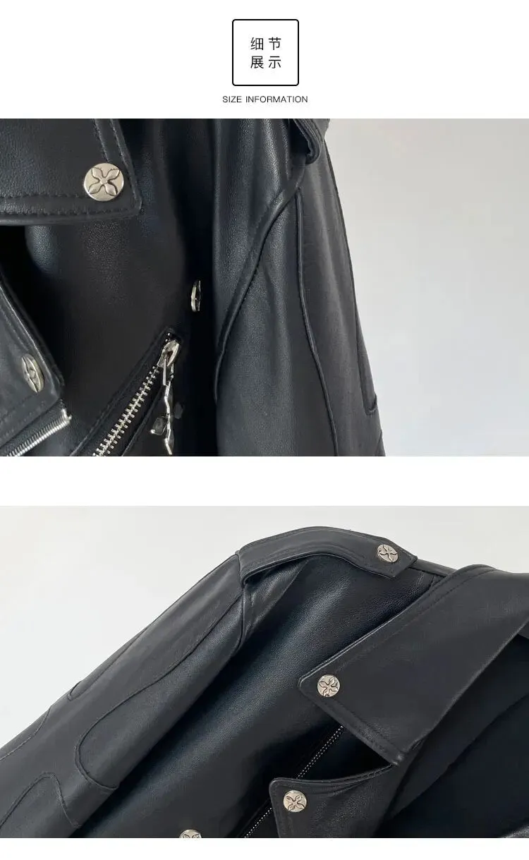 Women's Sheepskin Leather Cross Slim Rivet Motorcycle Zipper Street Jacket